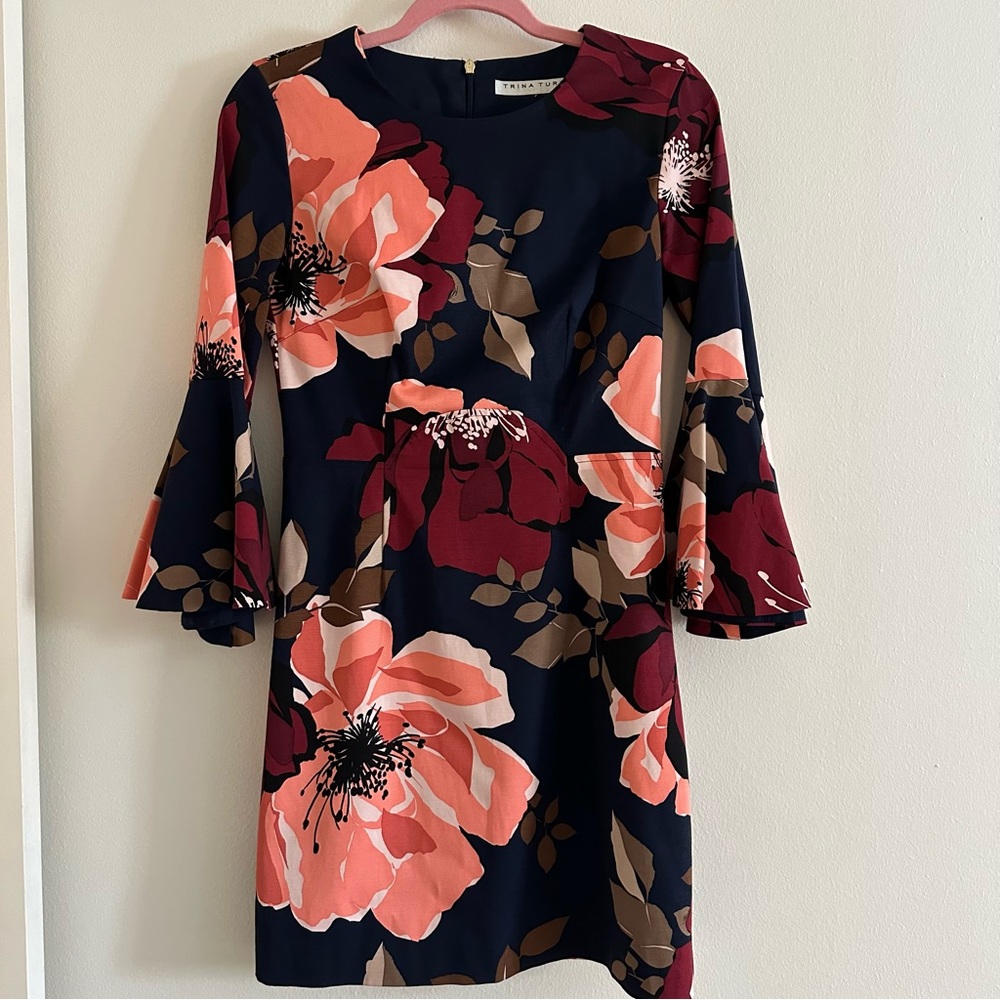 Trina Turk Navy Blue Floral Dress Bell Sleeve